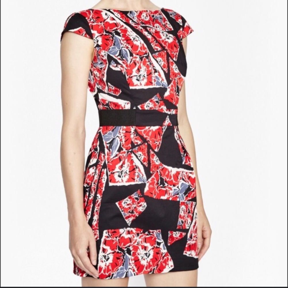 French Connection Asymmetrical Red and Black Fit and Flare Dress